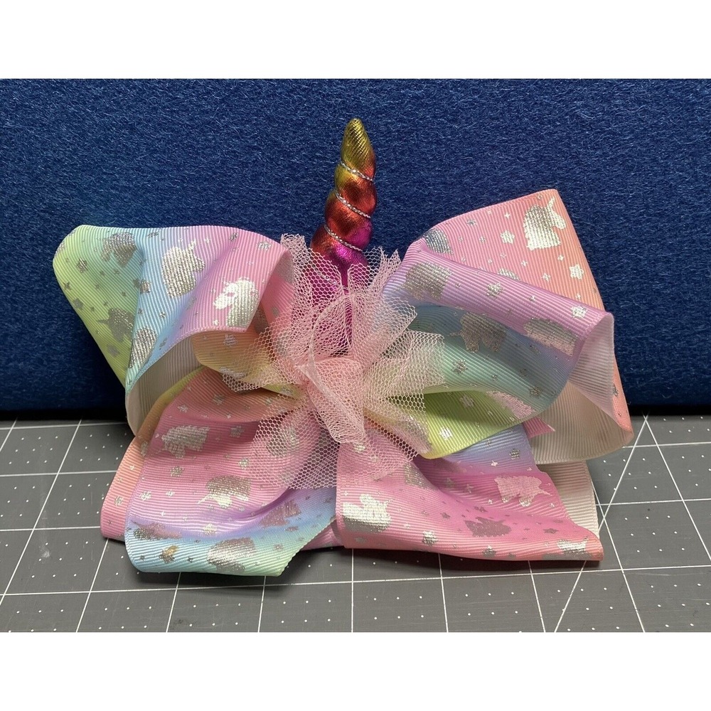 JoJo Siwa Unicorn Hair Bow w/Ponytail Band Pompom & Unicorn Horn Large 6"
